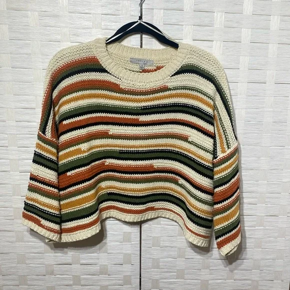 Favlux Neutral Striped Knit Oversized Cropped 3/4 Sleeve Sweater Size Small - Picture 1 of 10